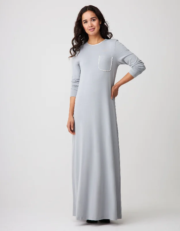 Hurry Up Satin Trimmed Nightgown with Pocket Gray Ivory