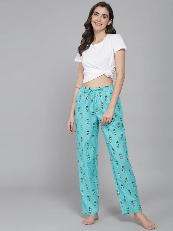 Great Deal Sea Green Women's Floral Cotton Pyjama