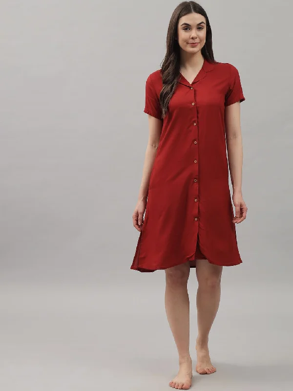 Take Advantage Solid Maroon Knee Length Rayon Sleep Shirt