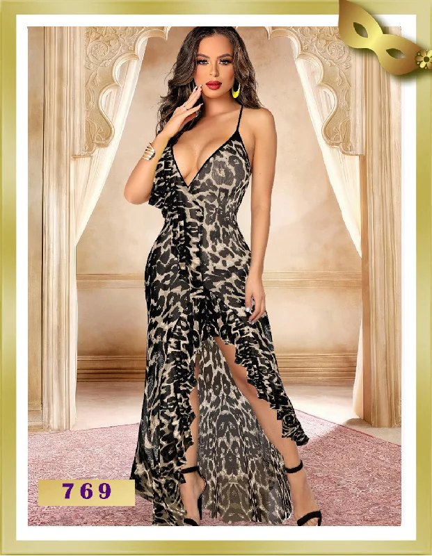 Weekend Discounts to Delight Tiger Printed Mesh Lingerie Opened Nightgown 769