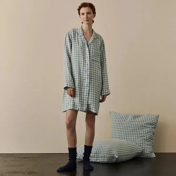 Weekend Shopping Made Better Warm Blue Gingham Linen Nightshirt