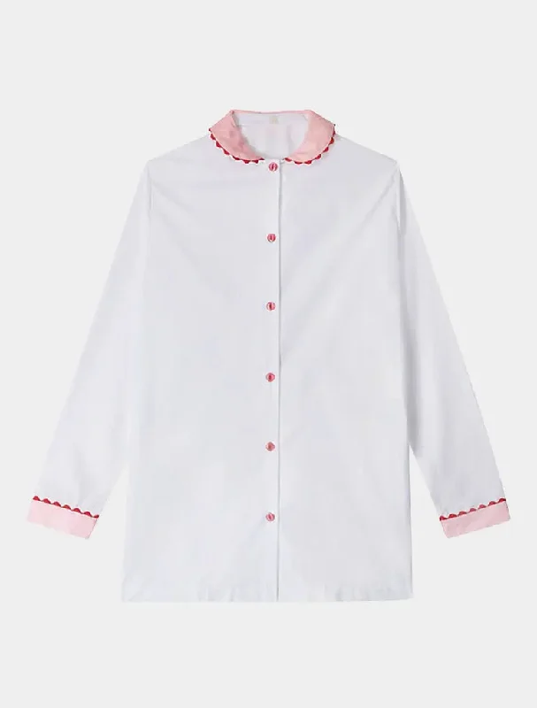 Year-End Deals White Nightshirt With Contrasting Pink Collar and Cuffs and Red Ric Rac Trim - 100% Cotton Poplin