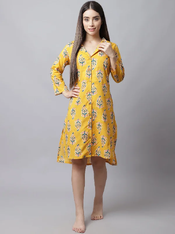 Low Cost Women's Printed Knee Length Sleepshirt/ Night Shirt Dress - Yellow