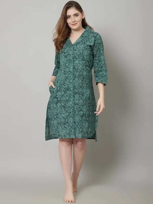 Weekend Deals to Brighten Your Day Women's Printed Knee Length Sleepshirt/ Night Shirt Dress - Green