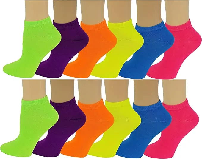 Weekend Shopping Bliss Low Cut Ankle Socks | Neon Color Design | Women's (12 Pairs)