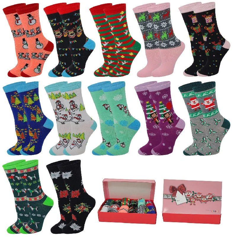 Limited Supply Women Crew Socks | Holiday Festive Design | 12 Pairs With/Gift Box