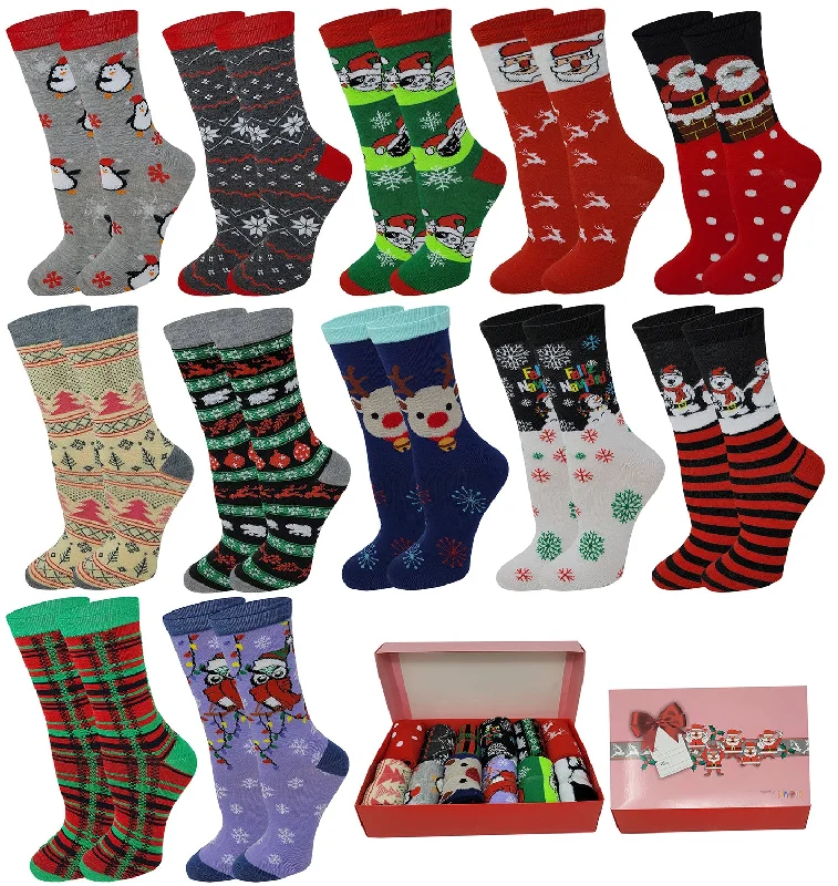 Deal of the Day Women Crew Socks | Holiday Christmas Festive Design | 12 Pairs With/Gift Box