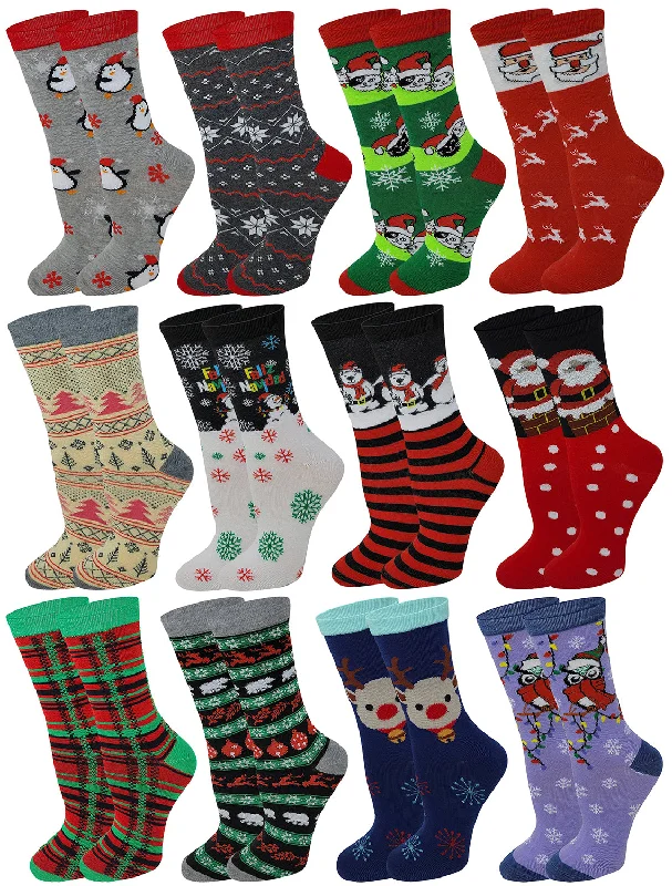 Unbeatable Deal Women Crew Socks | Christmas Festive Holiday Design (12 Pairs)