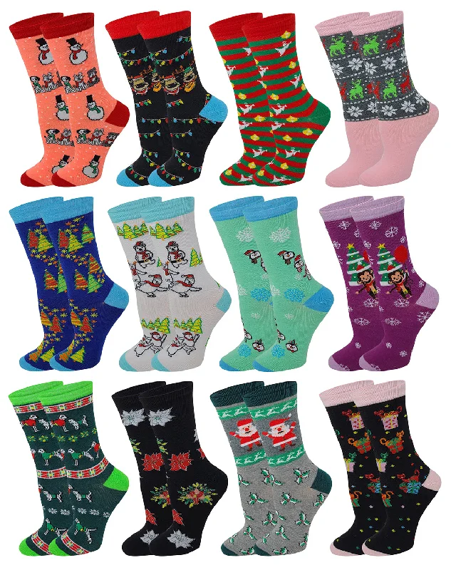 Online Exclusive Crew Socks for Women | Christmas Holiday Festive Design (12 pairs)