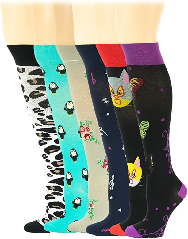 Act Fast Compression Graduated Knee High Socks | Novelty Design | Women (6 Pairs)