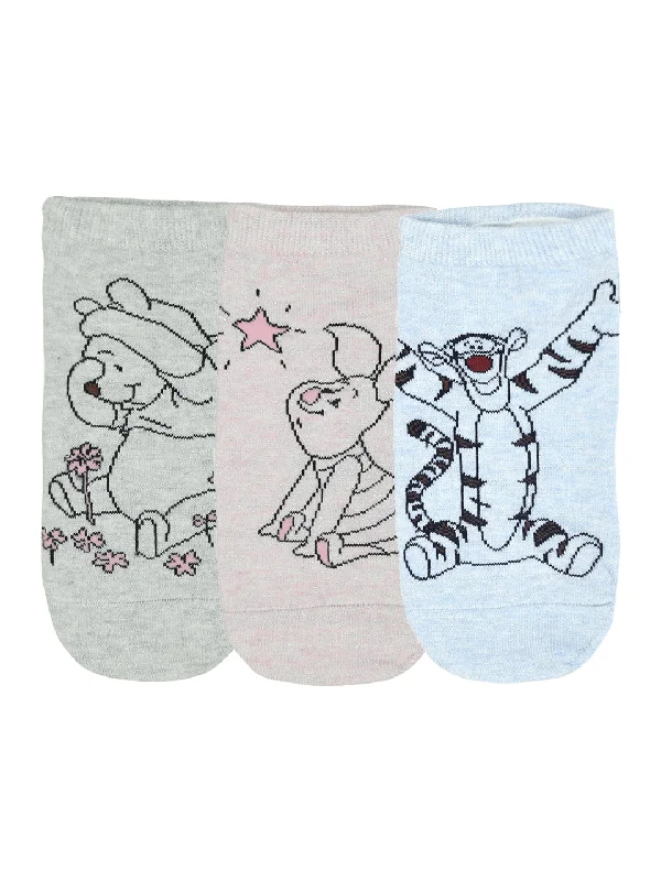 Weekend Price Cuts Galore Balenzia x Disney Winnie the Pooh Lowcut socks for Women-Pooh, Piglet, Tiger (Pack of 3 Pairs/1U)(Free Size) Silver, Pink, Blue