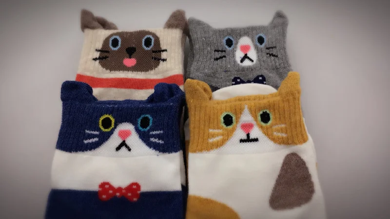 Year-End Sale Cute Cat Kitten Animal Print | Womens Teen Girls | Ankle Socks | 4 Pairs | (Feline Friends)