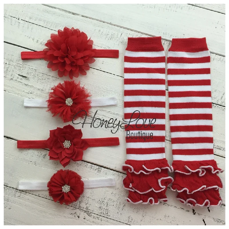 Mega Discount Red and White Stripe leg warmers and choice of red flower headband