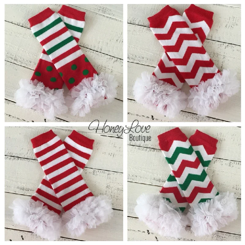 Take Action Leg Warmers - Christmas Red/White/Green with white ruffles