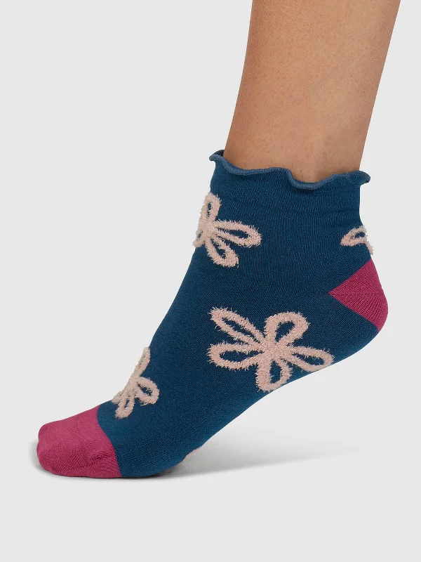 Shop and Save Daisee Textured Flower Bamboo Ankle Socks - Lake Blue