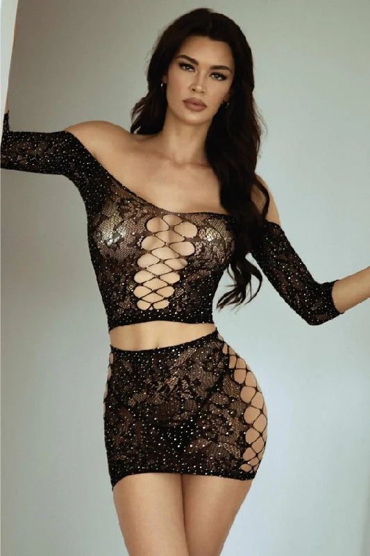 Take Action Diamond in the Rough Two-Piece Rhinestone Bodystocking Set with Thong