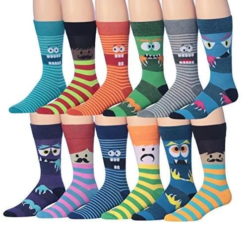 Weekend Specials You Can't Miss James Fiallo Mens 12 Pairs Funny Faces Striped Colorful Crew Socks