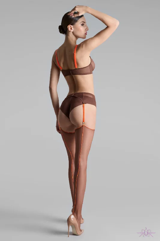 Big Savings Maison Close Sheer Cut and Curled Chocolate/Neon Orange Stockings