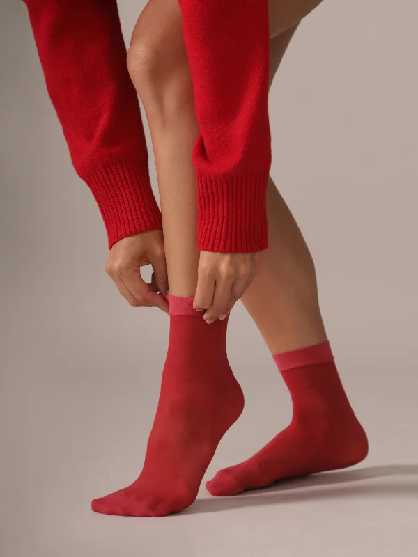 Don't Delay Micro Bow Pattern Sheer Socks in Cherry
