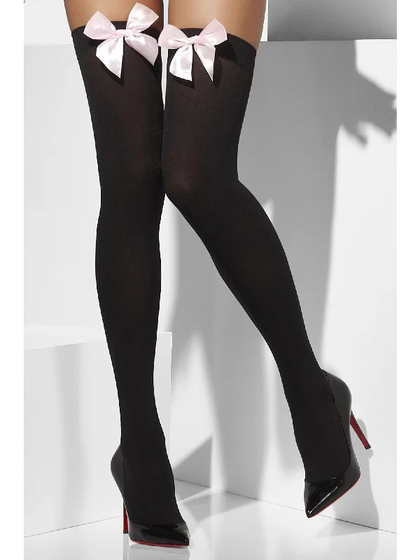Weekend Deals You Can't Resist Opaque Hold-Ups, Black, with Pink Bows