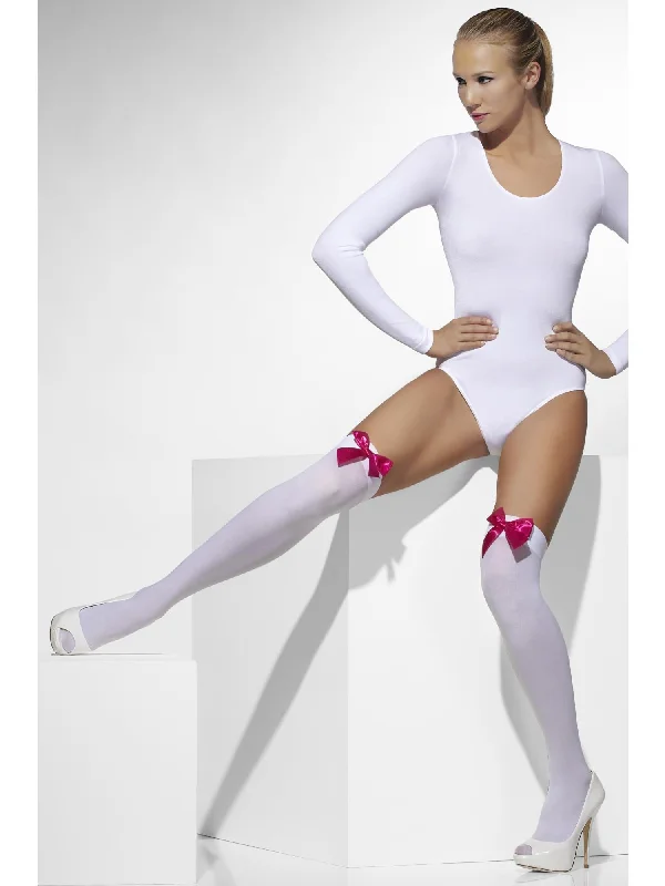 Closeout Deal Opaque Hold-Ups, White, with Fuchsia Bows
