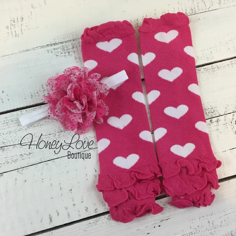 Hurry In Pink and White Heart Ruffle bottom leg warmers and optional flower headband Hurry In Pink and White Heart Ruffle bottom leg warmers and optional flower headband