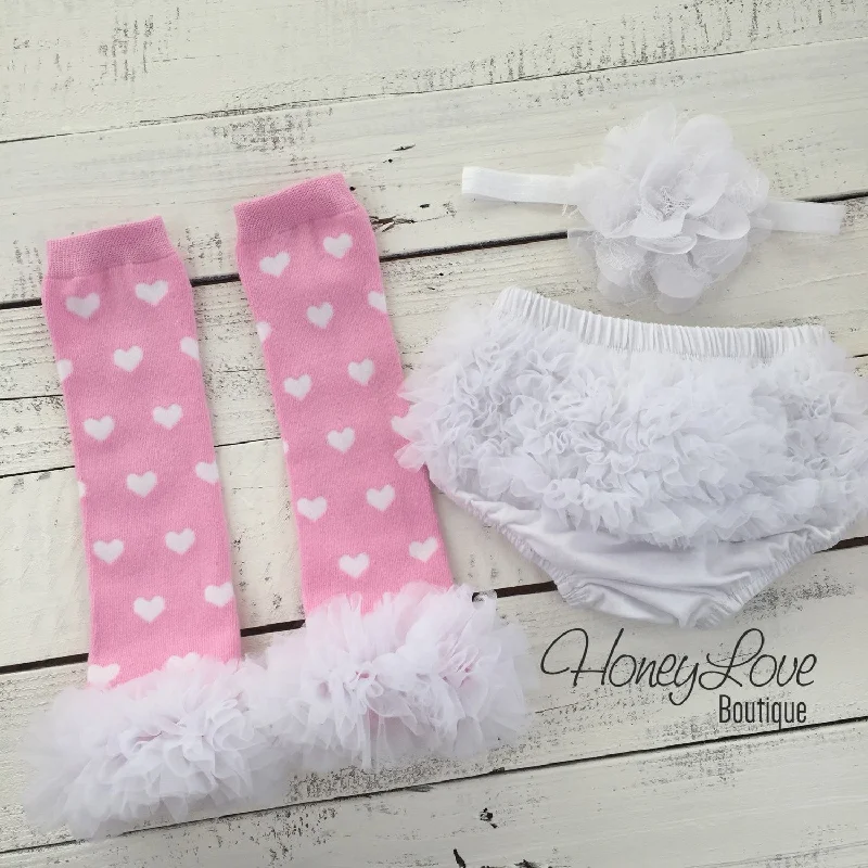 Hot Buy Pink and White heart leg warmers, white flower headband, ruffle bottom bloomer Hot Buy Pink and White heart leg warmers, white flower headband, ruffle bottom bloomer