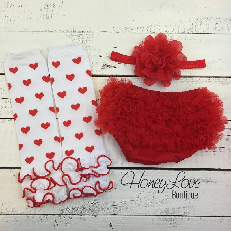 Low Price Red and White heart leg warmers, red flower headband, ruffle bottom bloomers Low Price Red and White heart leg warmers, red flower headband, ruffle bottom bloomers