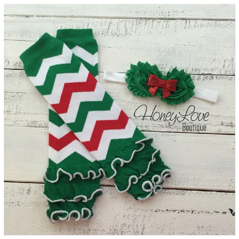 Now or Never Red Green White Chevron leg warmers and optional headband