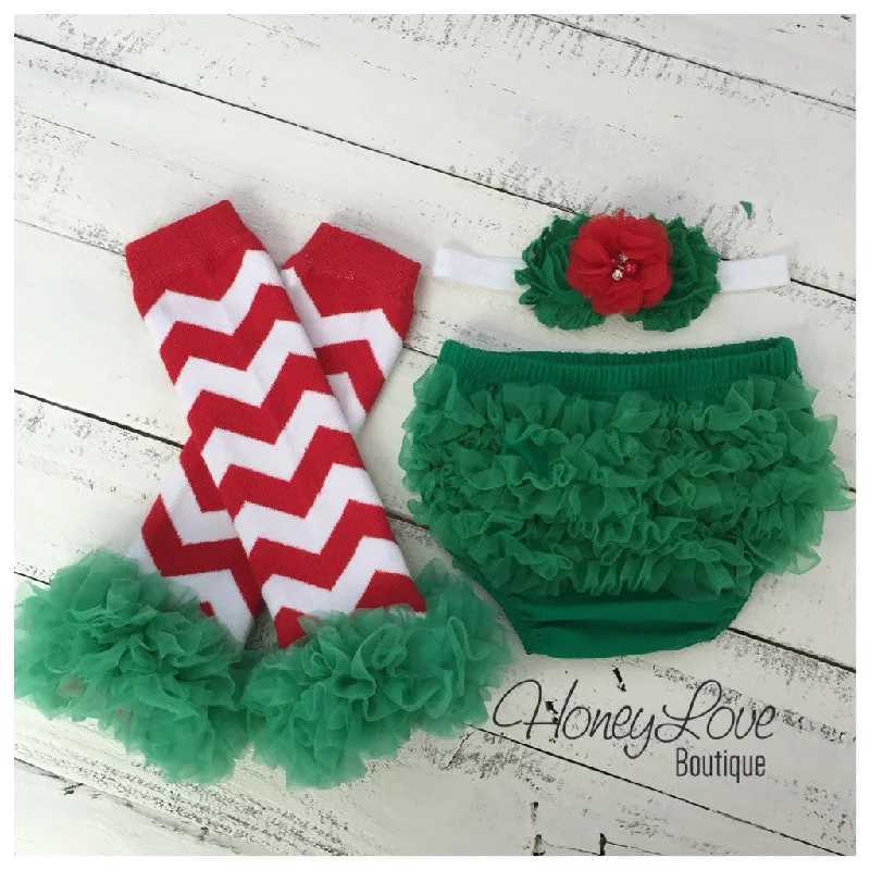 Shop and Save Red/White/Green Chevron leg warmers, matching headband, green ruffle bottom bloomers Shop and Save Red/White/Green Chevron leg warmers, matching headband, green ruffle bottom bloomers