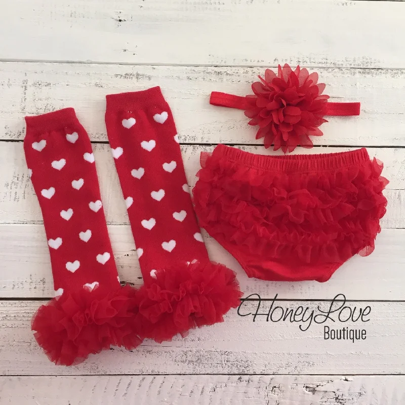 Sale Event Red/White Heart leg warmers, red flower headband, red ruffle bottom bloomers Sale Event Red/White Heart leg warmers, red flower headband, red ruffle bottom bloomers