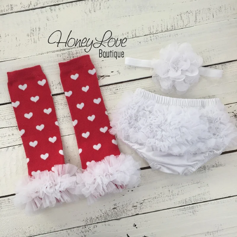 Major Deal Red and White heart leg warmers, white flower headband, ruffle bottom bloomers Major Deal Red and White heart leg warmers, white flower headband, ruffle bottom bloomers