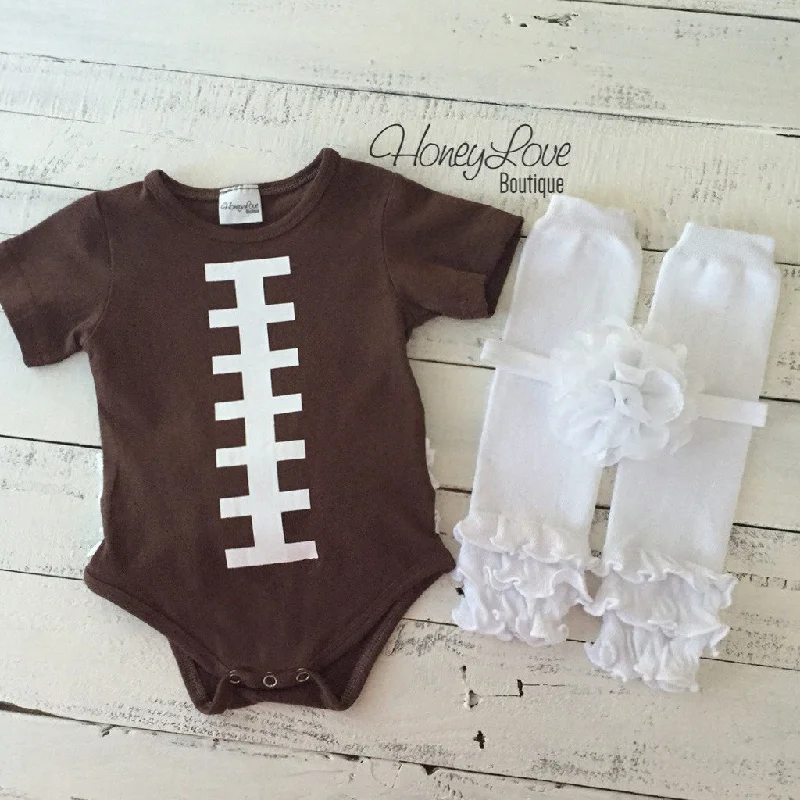 Steals and Deals Ruffle Bottom Football bodysuit and optional headband and leg warmers Steals and Deals Ruffle Bottom Football bodysuit and optional headband and leg warmers