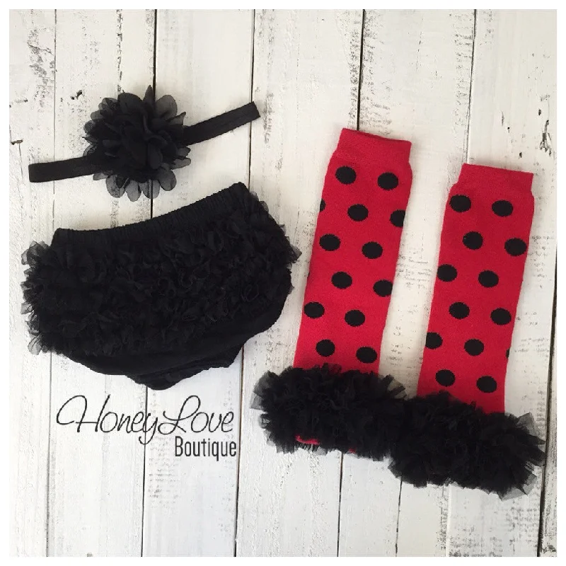 Limited Supply Red and Black Polka Dot leg warmers, black ruffle bottom bloomer, and black flower headband Limited Supply Red and Black Polka Dot leg warmers, black ruffle bottom bloomer, and black flower headband
