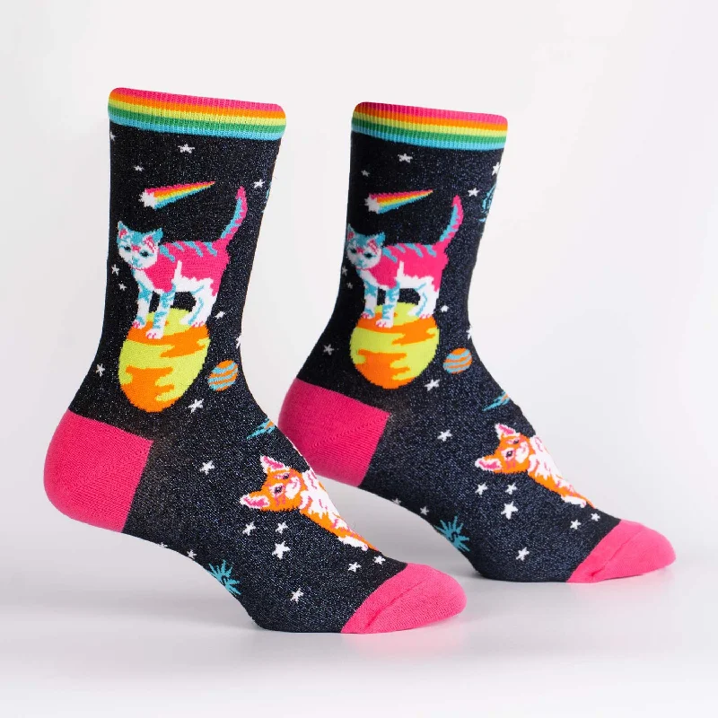 The Best Deal Sock It To Me Women's Crew Socks - Space Cats (Shimmer!)