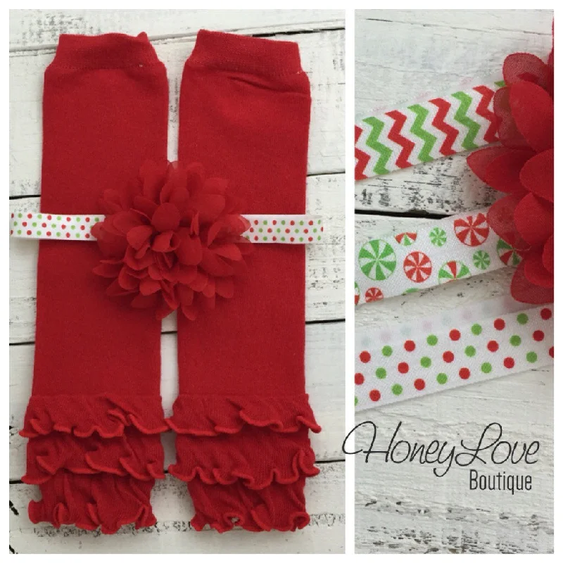 Overstock Clearance Red ruffle bottom leg warmers and choice of headband