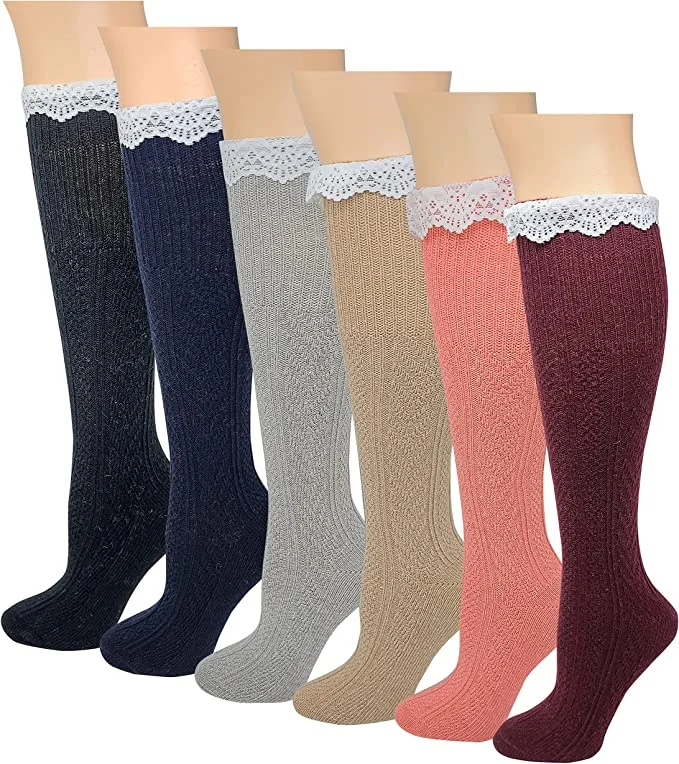 Value Pack Knee High Boot Socks | Cable Knit Assorted Color with Lace | Womens (6 pairs)