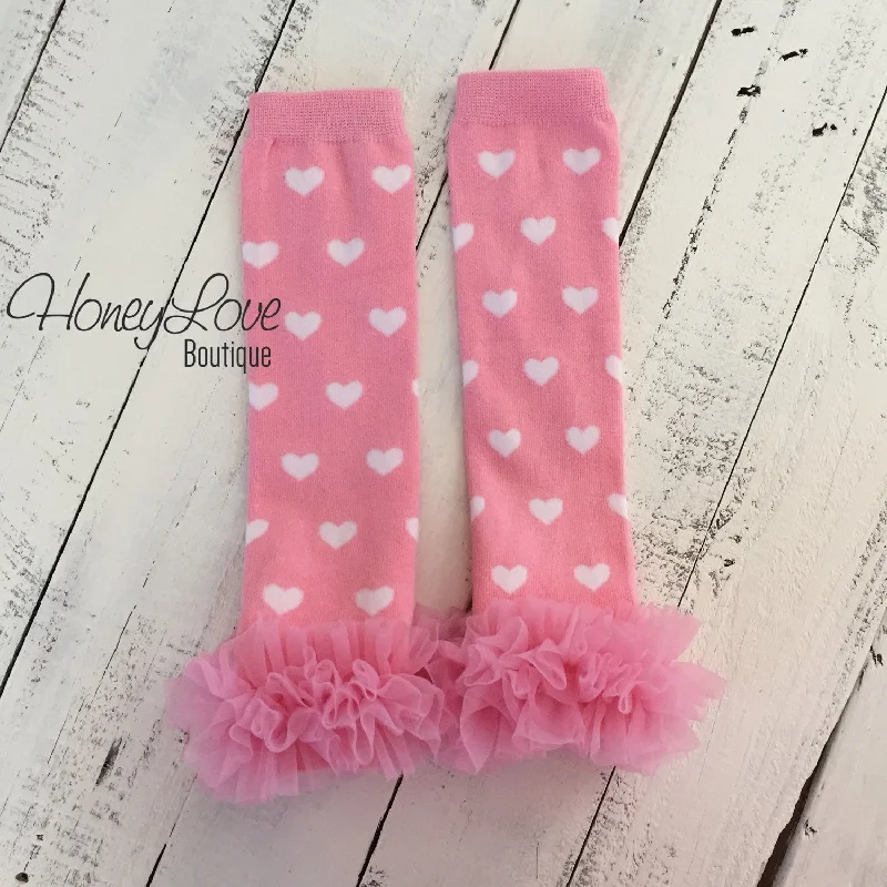While Supplies Last Leg Warmers - Light pink with white hearts and pink ruffle bottom
