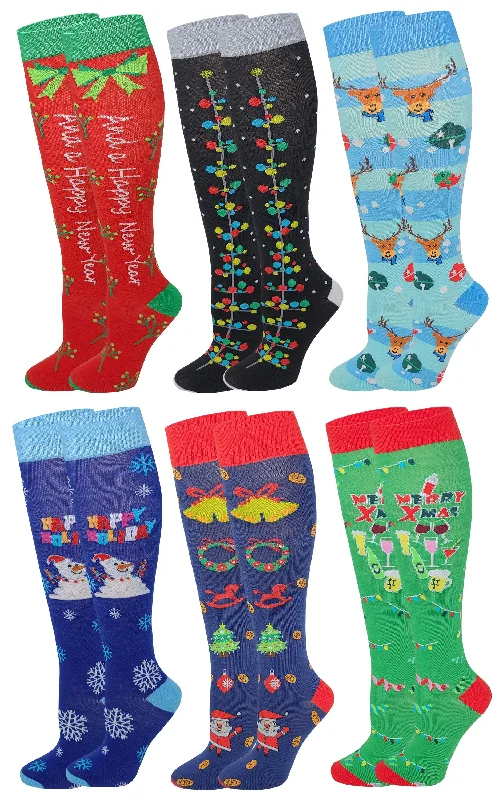 Midnight Madness Knee High Socks | Christmas Holiday fancy Design | Womens (6 Pairs)