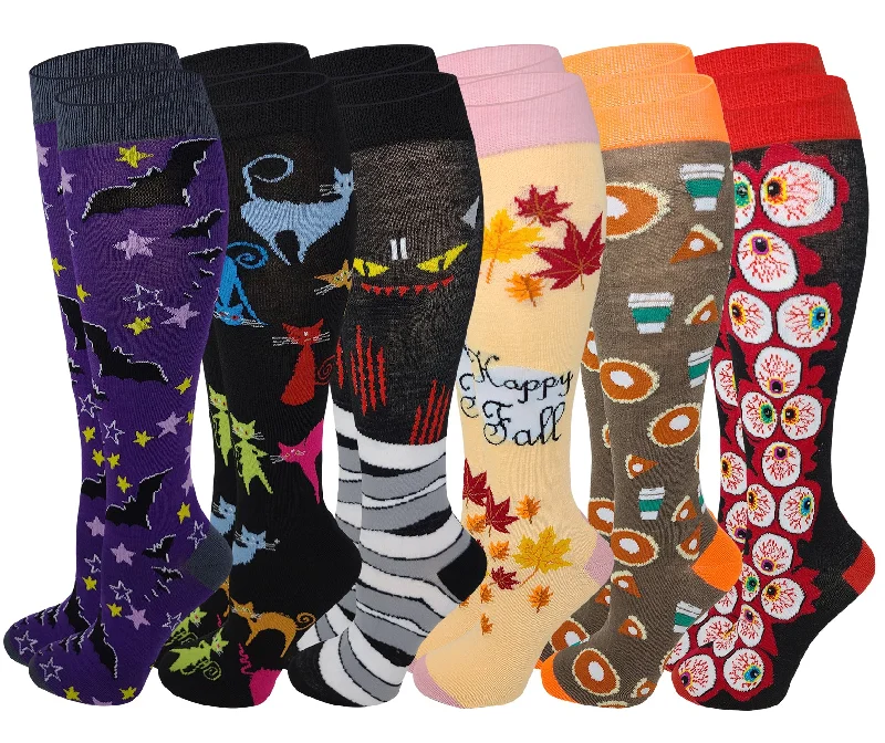 Big Deal Knee High Socks | Halloween Fall Fancy Design | Womens (6 Pairs)