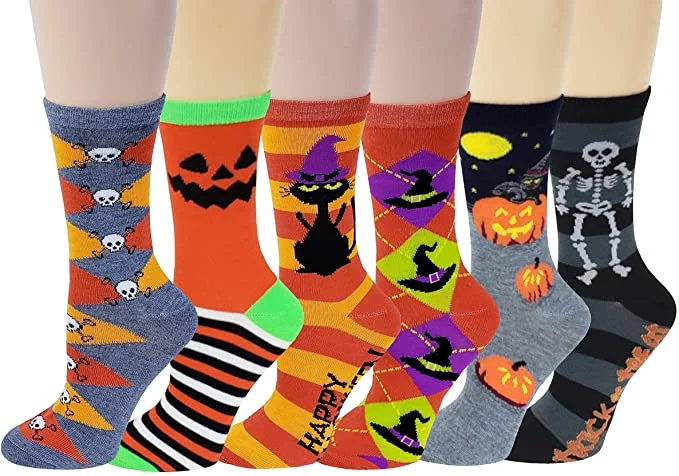 Discount Mania Women 6 Pairs Pack Halloween Novelty Crew Socks
