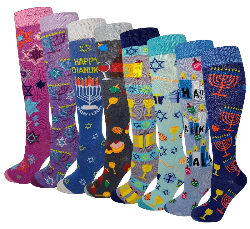 Lowest Price Knee High Socks | Jewish Hanukkah Design | Womens (8 Pairs)